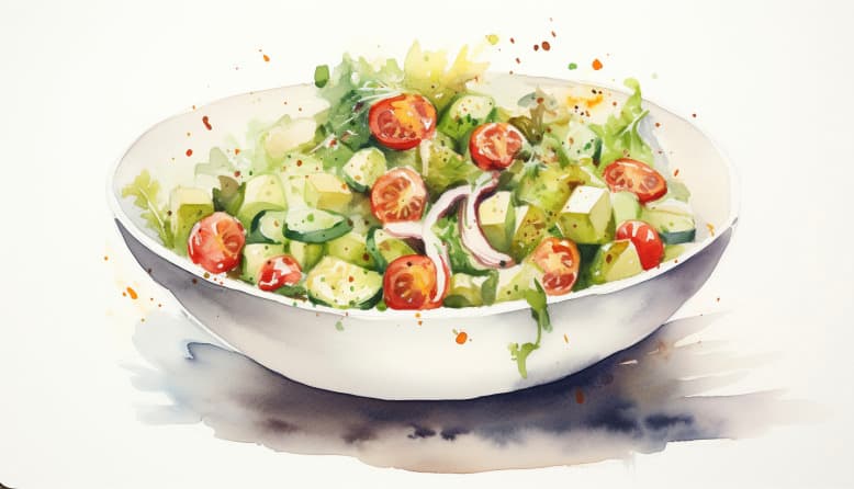 A watercolor illustration of a fresh mixed salad.
