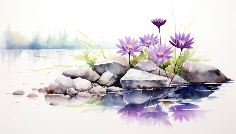 A watercolor illustration of a small rocky islet topped with purple wildflowers, reflected in still water.