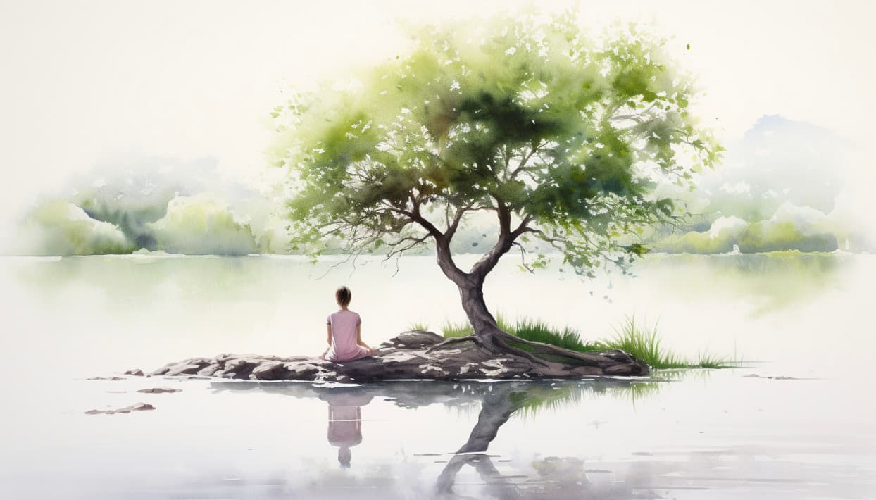 A watercolor illustration of a person sitting quietly beside a tree at the edge of still water.