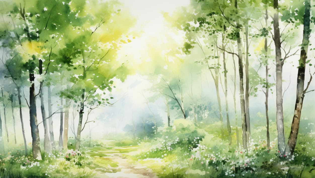 A watercolor illustration of a sunlit forest path.